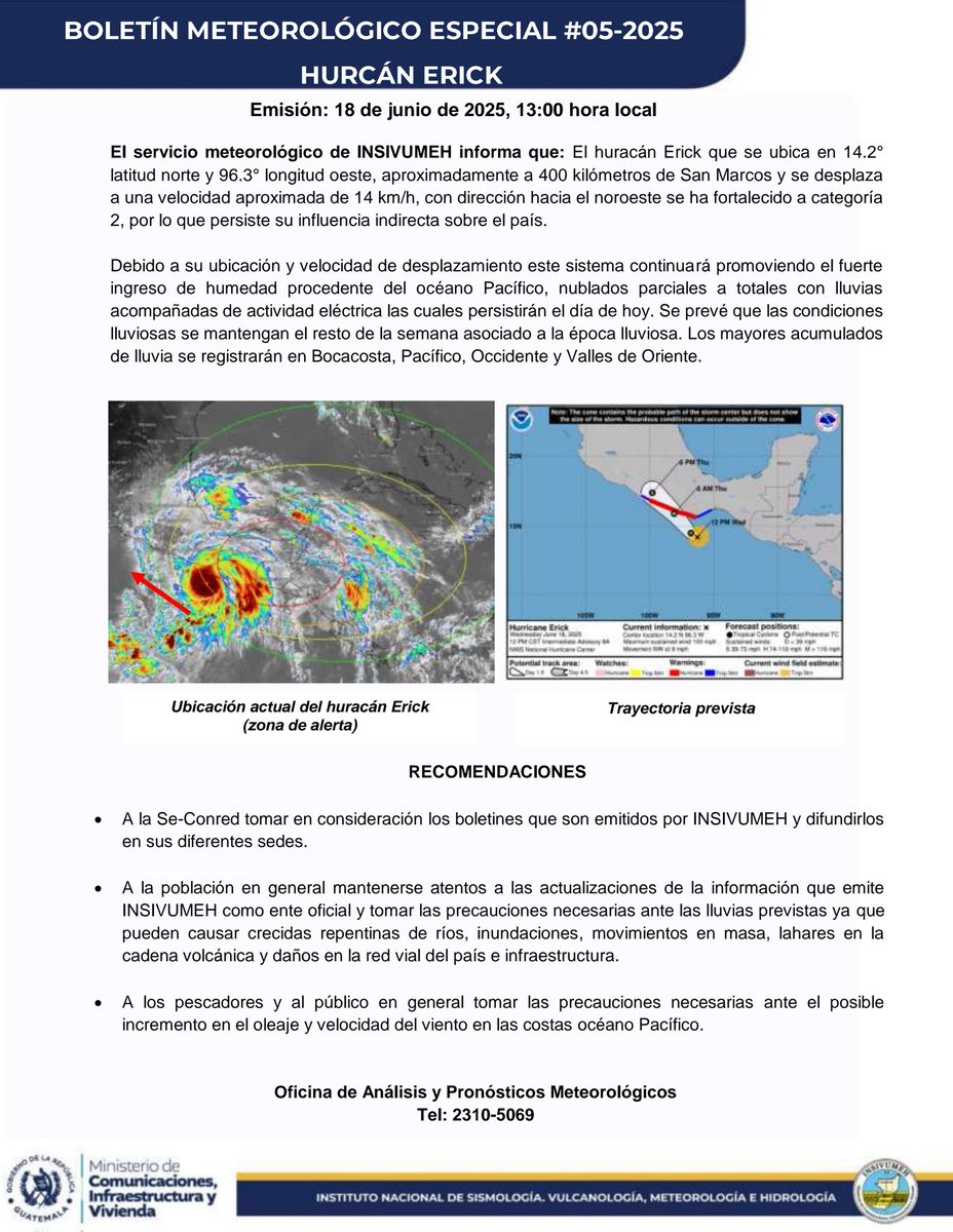 El #HuracánErick se ubica aproximadamente a 400 kilómetros de San Marcos y se desplaza a una velocidad aproximada de 14 kilómetros por hora, con dirección hacia el NorOeste y se ha fortalecido a categoría 2, por lo que persiste su influencia indirecta sobre el país.