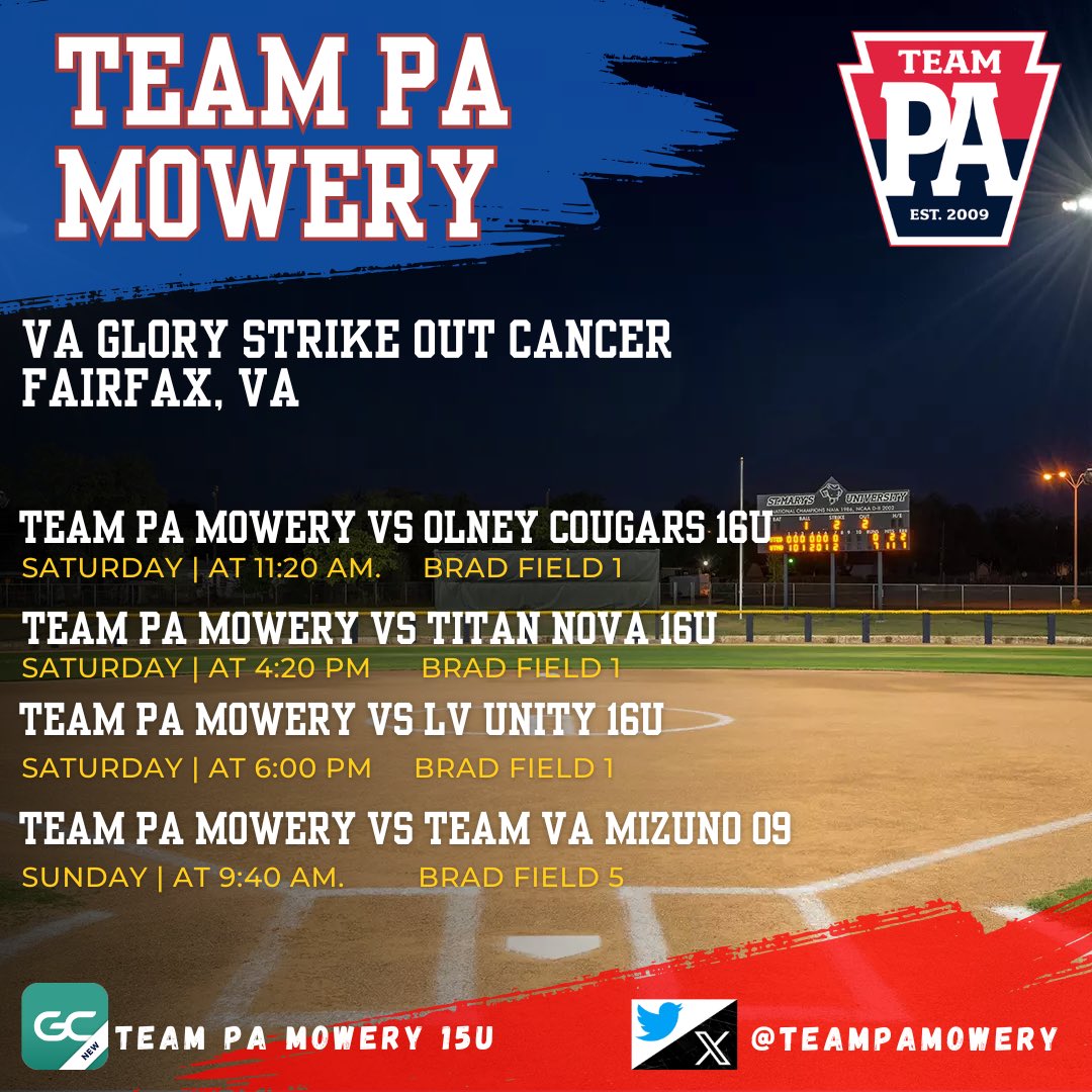 TEAM PA MOWERY 15u (@teampamowery) on Twitter photo Come check us out at the Virginia Glory Strikeout Cancer event!
Can’t make the trip follow us on GameChanger!
<a href="/RMUSoftball/">RMU Softball</a> <a href="/KentStSoftball/">Kent State Softball</a> <a href="/FrostburgSB/">Frostburg Softball 🔴⚫🥎</a> <a href="/MiamiOH_SB/">Miami Softball</a> <a href="/ToledoSoftball/">Toledo Softball</a> <a href="/ExtraInningSB/">EXTRA INNING SOFTBALL</a> <a href="/WMUSoftball/">Western Michigan Softball</a> <a href="/HurstSoftball/">Mercyhurst Softball</a> <a href="/MaristSoftball/">Marist Softball</a> <a href="/IUPsoftball/">IUP Softball</a> Come check us out at the Virginia Glory Strikeout Cancer event!
Can’t make the trip follow us on GameChanger!
<a href="/RMUSoftball/">RMU Softball</a> <a href="/KentStSoftball/">Kent State Softball</a> <a href="/FrostburgSB/">Frostburg Softball 🔴⚫🥎</a> <a href="/MiamiOH_SB/">Miami Softball</a> <a href="/ToledoSoftball/">Toledo Softball</a> <a href="/ExtraInningSB/">EXTRA INNING SOFTBALL</a> <a href="/WMUSoftball/">Western Michigan Softball</a> <a href="/HurstSoftball/">Mercyhurst Softball</a> <a href="/MaristSoftball/">Marist Softball</a> <a href="/IUPsoftball/">IUP Softball</a>