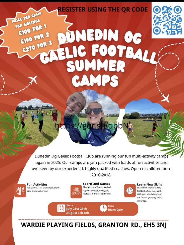 📣Summer Camp 2025📣
If you want your kids to have an unforgettable week of sporting fun and games this summer then get booked in for the Dunedin Óg summer camps! They definitely don’t need to have any previous football experience, they just need to be prepared to have fun!! ☀️🌞