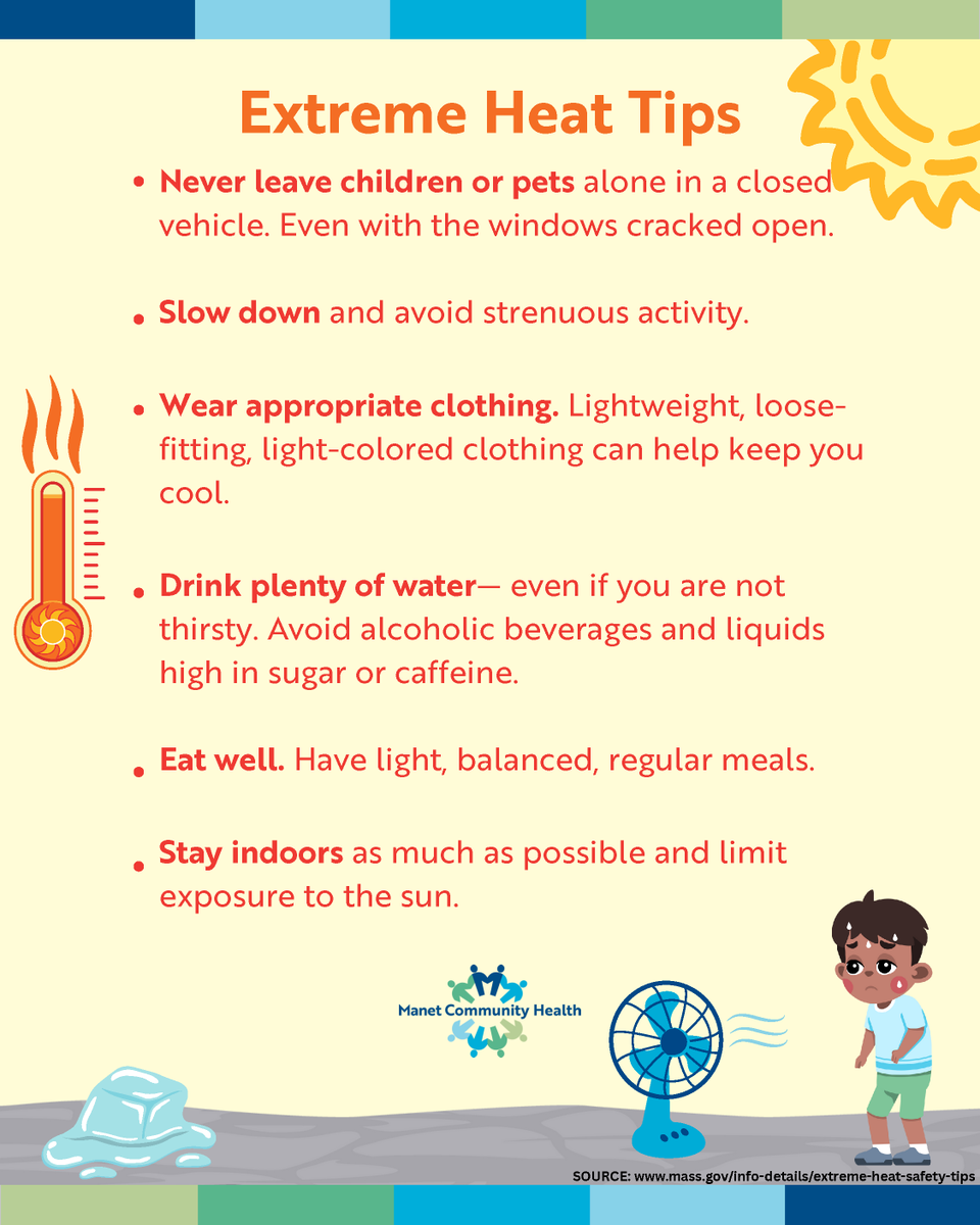 Things are heating up! Heat advisories have been issued over the next week in Massachusetts. Check out these tips to help you stay safe in extreme heat. To learn more, visit mass.gov/info-details/e…
#extremeheat #HeatSafety