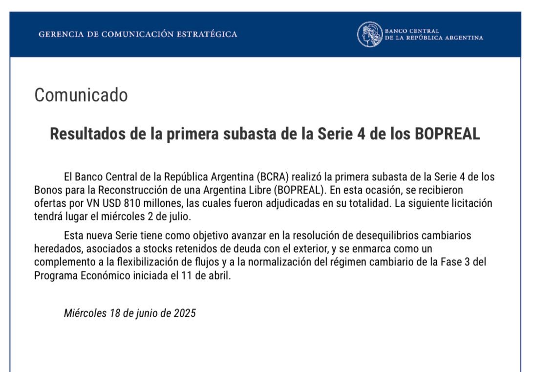NicolasCappella's tweet image. Lo que tenes que llevarte de la rueda por #LaMesadeIEB
Que tenes que llevarte de la rueda hoy?
El BCRA colocó 810 millones de VN de Bopreal serie 4. La próxima licitación tendrá lugar el 2 de julio. El monto total de la emisión era de 3000 millones.
El mercado sigue en un…