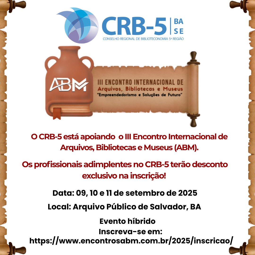 crbcinco's tweet photo. III Encontro Internacional de Arquivos, Bibliotecas e Museus (ABM).

Inscreva-se em: 
https://t.co/wbS954XO9h

#CRB5
#crbcinco
#arquivologia 
#biblioteconomia 
#museologia 
#abm2025 
#arquivobibliotecamuseu 
#eventoabm 
#memóriacultural
#encontrointernacionalABM
#3ABM https://t.co/JkYPxUGt9R