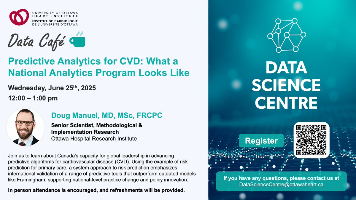 HeartInstitute's tweet image. 📣 Join us for the upcoming Data Science Centre conference, presented by Dr. Doug Manuel.
📅 Wednesday, June 25
⏰ 12 PM
👉 Register: ow.ly/t77i50WbVnJ