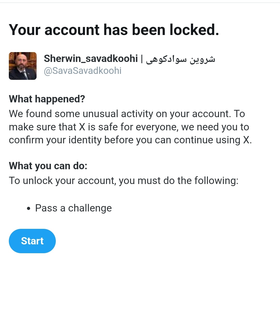 📢 دوستان و همراهان گرامی
اکانت من در توییتر با برچسب «دستکاری پلتفرم» محدود شده، 
ازتون خواهش می‌کنم  زیر همین پست یک کامنت کوتاه به زبان انگلیسی بنویسید و حمایتتون رو از آزادی بیان و رفع این محدودیت نشون بدید.
شاید همین صدای شما باعث بشه این محدودیت رفع بشه.
پیشاپیش از همراهی