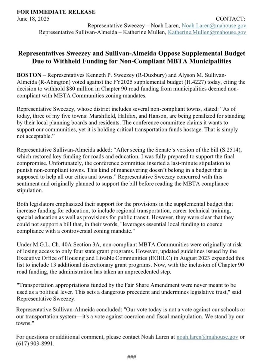 Please see my press release relative to my vote on the FY25 Supplemental Budget.