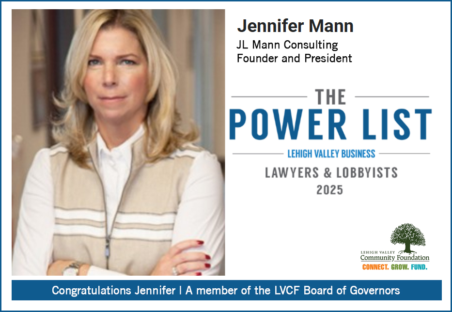 We’re proud to share that Jennifer Mann—Founder &amp; President of JL Mann Consulting and a valued member of LVCF's Board of Governors—has been named to Lehigh Valley Business’s The Power List of 2025! #PowerList2025 #CommunityLeadership #LVCF #LehighValley