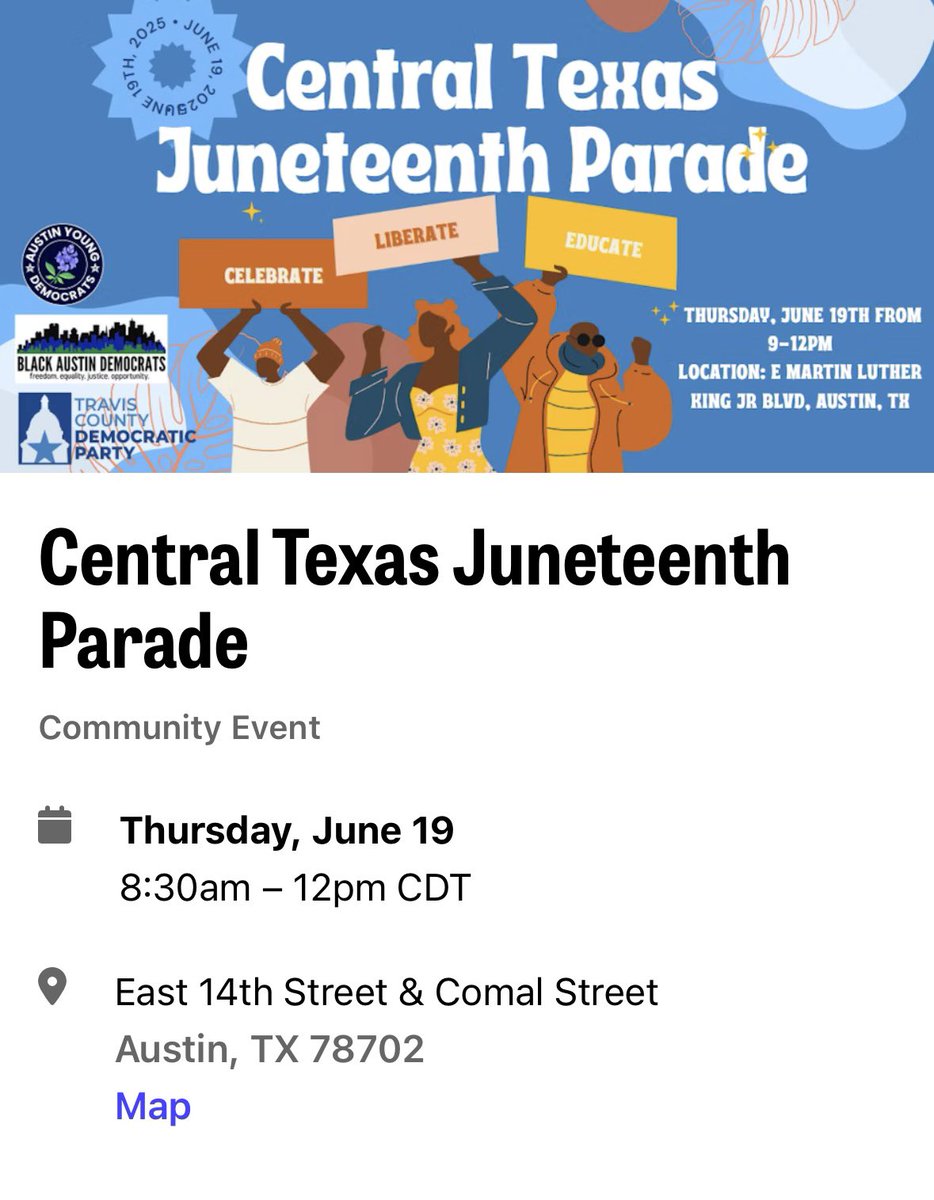 AustinYoungDems's tweet photo. Join @traviscountydems and @blackaustindems TOMORROW for the Central Texas Juneteenth Parade, 9am-noon! 

This year’s float theme is Black Joy, Boots, and Bling! We’ll be celebrating and would love to have you join us! 

We’ll be there at 9, and the parade begins at 10am, starting at 14th and Comal St. 

You can find more information here:

https://t.co/4mLQ43po6K