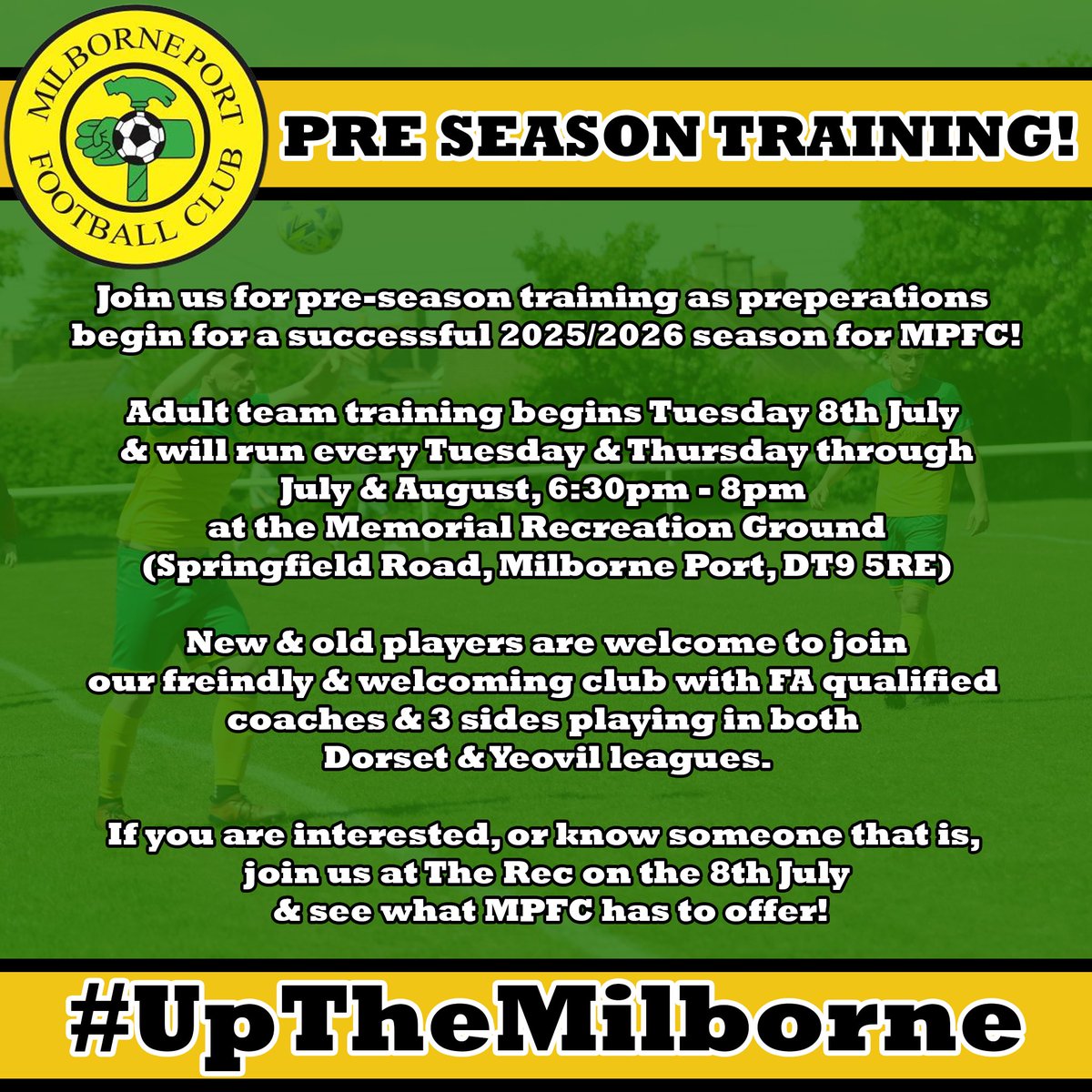 🟡🟢 Pre Season Training Starting Soon! 🟢🟡

Details below 👇, get in contact or come along on July 8th!

#UTM #UpTheMilborne #GrassrootsFootball