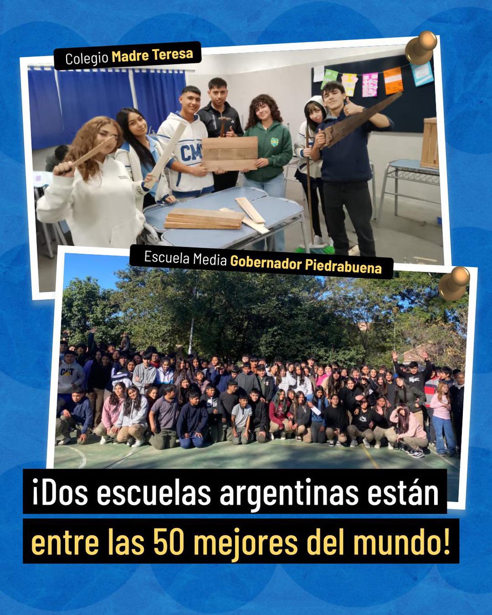 Talentoargen's tweet photo. Orgullo nacional!

Dos escuelas argentinas fueron nominadas entre las 50 mejores del mundo para los World’s Best School Prizes 2025, organizados por @T4EduC. https://t.co/Q4MnyOJBvK
