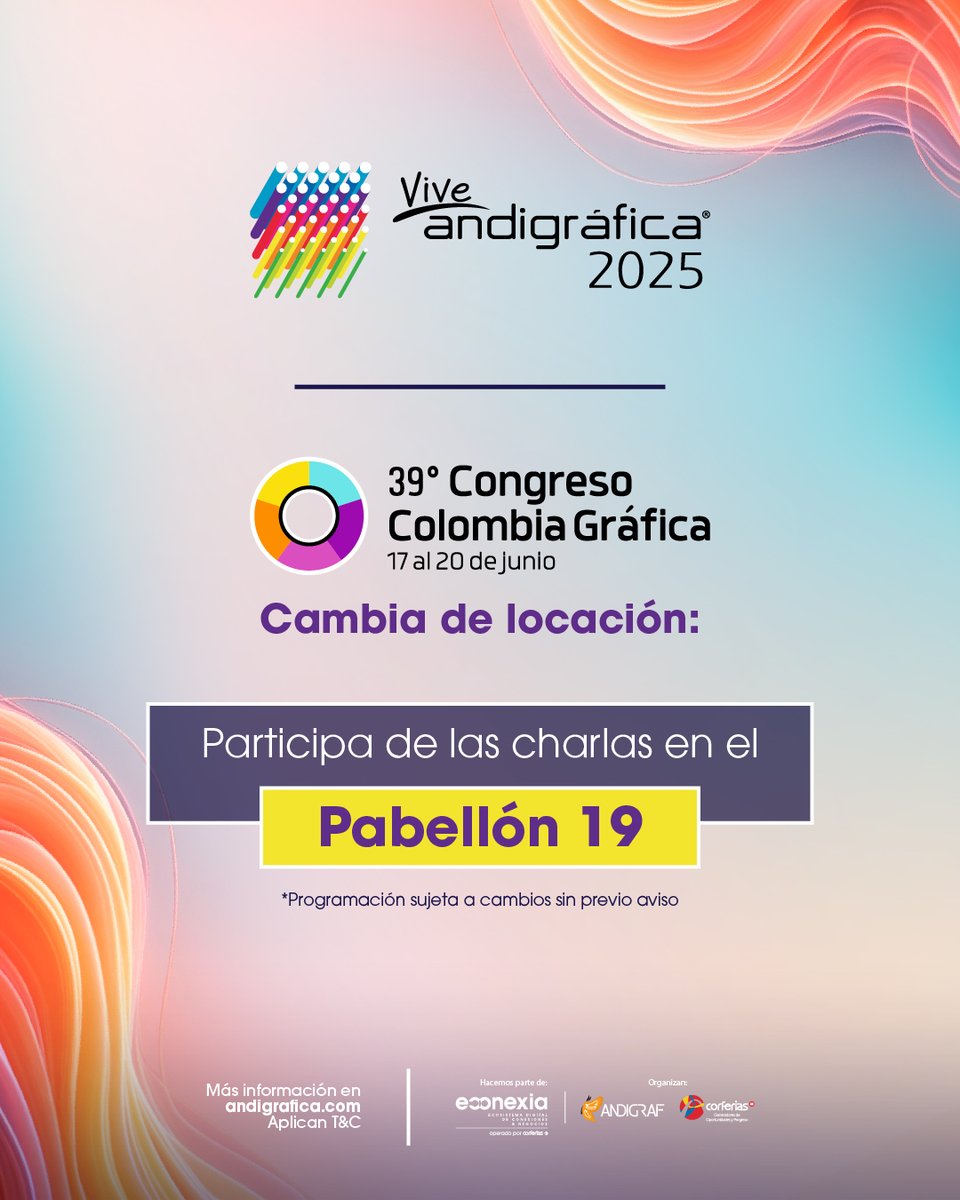 ¡Atención! 

El Congreso Colombia Gráfica cambia de ubicación. Ahora te esperamos en el Pabellón 19, donde continuaremos con toda la programación académica y los espacios de encuentro del sector.

Actualiza tu ruta dentro de Andigráfica 2025 y acompáñanos en esta nueva locación.