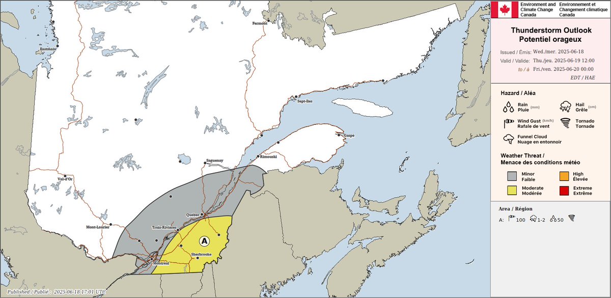 Thunderstorm outlooks for Quebec valid tonight and Thursday, June 19.

Any report of damage can be sent to Environment and Climate Change Canada using #QCstorm or by emailing QCstorm@ec.gc.ca.