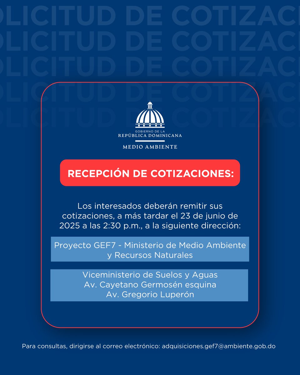 Ministerio de Medio Ambiente RD (@ambienterd) on Twitter photo 🚨 ¡Solicitud de cotización abierta!
El Proyecto GEF7 invita a proveedores elegibles a cotizar insumos agrícolas
🗓️ Límite: 23 de junio – 2:30 p.m.
📍 Av. Cayetano Germosén esq. Gregorio Luperón
📧 adquisiciones.gef7@ambiente.gob.do
🔗 lnkd.in/ec7YyvG8 🚨 ¡Solicitud de cotización abierta!
El Proyecto GEF7 invita a proveedores elegibles a cotizar insumos agrícolas
🗓️ Límite: 23 de junio – 2:30 p.m.
📍 Av. Cayetano Germosén esq. Gregorio Luperón
📧 adquisiciones.gef7@ambiente.gob.do
🔗 lnkd.in/ec7YyvG8