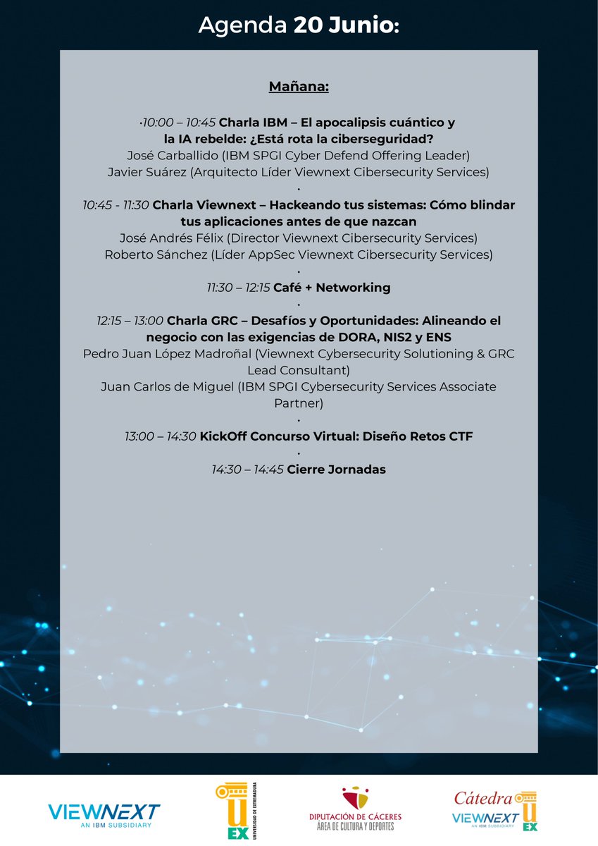 Escuela Politécnica CC (@epcc_unex) on Twitter photo 🔐 ¡Celebramos 10 años de la <a href="/CatedraVIEWNEXT/">Cátedra VIEWNEXT-UEx</a>!
📅 19-20 junio | 📍Complejo Cultural San Francisco
Charlas, talleres, mesa redonda y reto #CTF con expertos de <a href="/IBM/">IBM</a>, <a href="/viewnext/">Viewnext</a> , <a href="/Junta_Ex/">Junta de Extremadura</a> y <a href="/infouex/">UEx</a>
🎦 También puedes seguirlo en formato virtual: tinyurl.com/4krkses2 🔐 ¡Celebramos 10 años de la <a href="/CatedraVIEWNEXT/">Cátedra VIEWNEXT-UEx</a>!
📅 19-20 junio | 📍Complejo Cultural San Francisco
Charlas, talleres, mesa redonda y reto #CTF con expertos de <a href="/IBM/">IBM</a>, <a href="/viewnext/">Viewnext</a> , <a href="/Junta_Ex/">Junta de Extremadura</a> y <a href="/infouex/">UEx</a>
🎦 También puedes seguirlo en formato virtual: tinyurl.com/4krkses2