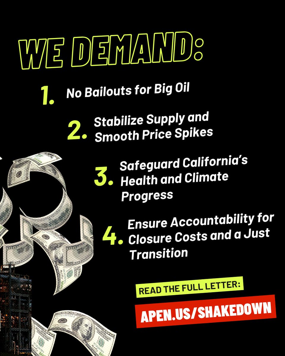 Instead of fixing their aging refineries, oil giants gouged Californians and paid out billions to shareholders: $4.3 billion to Valero investors last year alone.
Over 35+ organizations say NO to bailouts for Big Oil! ✍️Full letter here:  apen.us/SHAKEDOWN