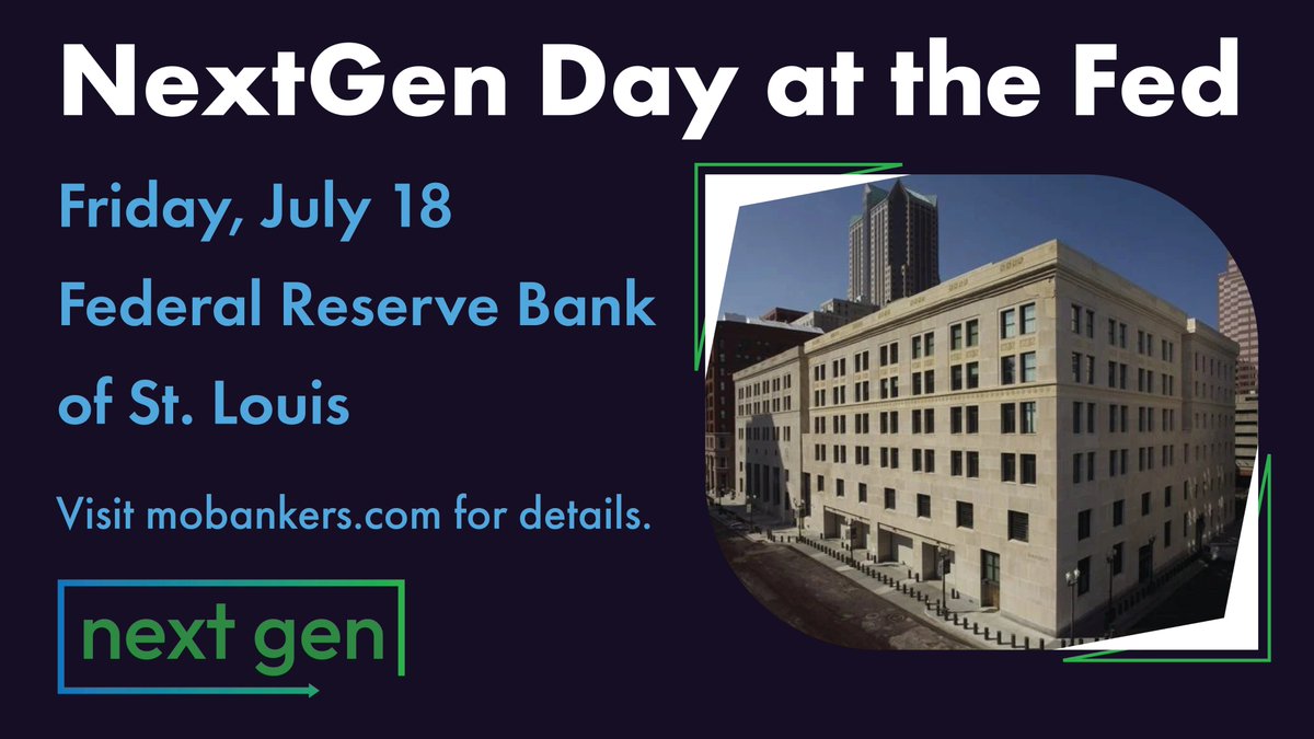 Missouri Bankers (@mobankers) on Twitter photo MBA Next Generation in Banking & <a href="/stlouisfed/">St. Louis Fed</a> are excited to welcome Missouri bankers for NextGen Day at the Fed on July 18! This free event is a unique opportunity to hear from economists & learn about resources from the Federal Reserve Bank. events.stlouisfed.org/event/a6a4c8d7… MBA Next Generation in Banking & <a href="/stlouisfed/">St. Louis Fed</a> are excited to welcome Missouri bankers for NextGen Day at the Fed on July 18! This free event is a unique opportunity to hear from economists & learn about resources from the Federal Reserve Bank. events.stlouisfed.org/event/a6a4c8d7…