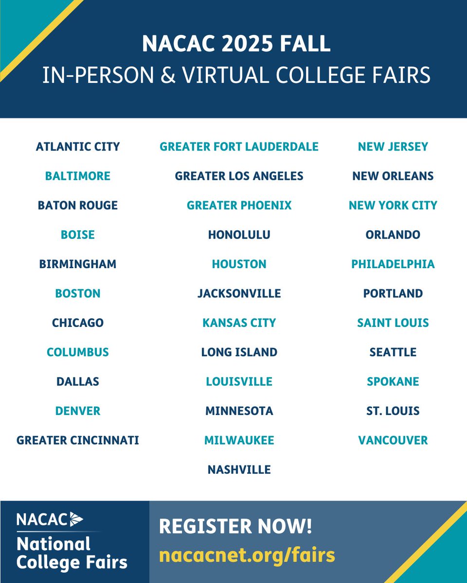 NACACFairs's tweet image. Attendee registration is open for fall 2025. ow.ly/CyYm50WbJaB @NACAC will host 38 #collegefairs designed to help students explore diverse academic &amp;amp; career paths and map out their futures.
- 35 in-person fairs
- Three virtual fairs
- #STEM and performing arts programming