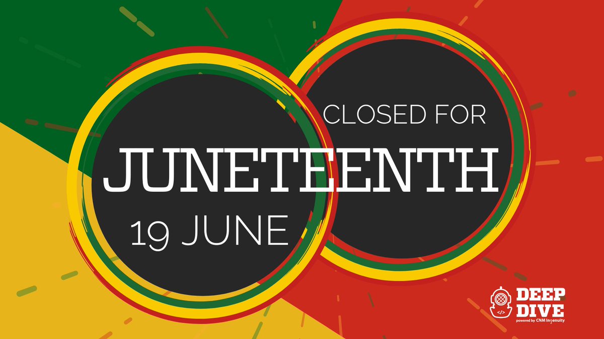 DeepDiveCoding's tweet image. In honor of Juneteenth, #DeepDive will be closed on June 19.

This is an opportunity to celebrate the history &amp;amp; culture of our African American community while also recognizing the long &amp;amp; ongoing struggle for racial equality.

We will resume normal hours on June 20.

#Juneteenth
