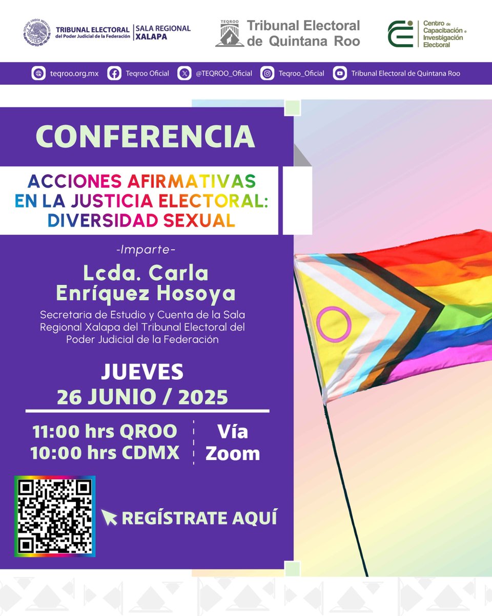 #Invitación | El <a href="/TEQROO_Oficial/">Tribunal Electoral de Quintana Roo</a> y el <a href="/TEPJF_XAL/">Sala Xalapa</a> te invitan a la conferencia virtual “Acciones Afirmativas en la Justicia Electoral: Diversidad Sexual”, el día 26/06/2025 a las 11:00 horas (Q.ROO) y 10:00 am (CDMX).

Regístrate en el siguiente link: forms.gle/9nunjnfjA9sbuw…