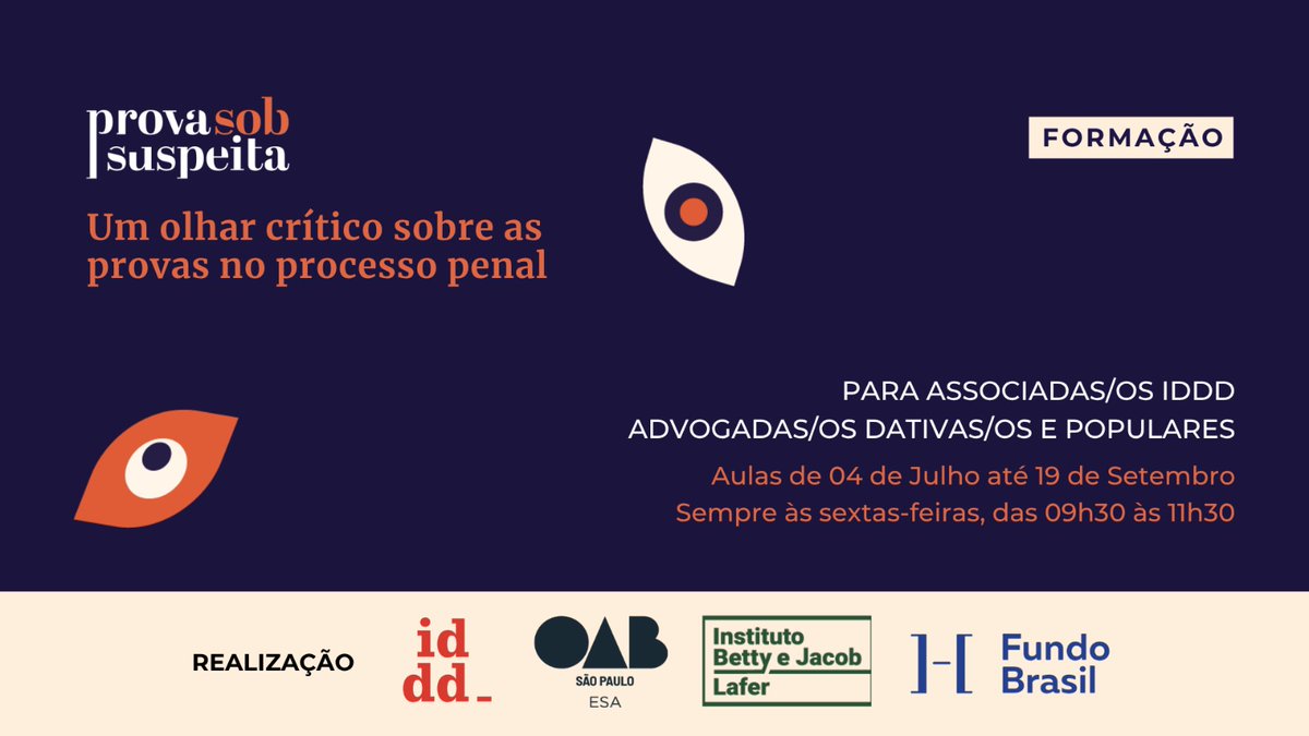 ESAOABSP's tweet image. FORMAÇÃO GRATUITA PARA ADVOCACIA DATIVOS/AS, POPULARES E ASSOCIADOS/AS DO IDDD! Realizado pelo IDDD em parceria com a ESA OAB SP, o curso online "Um olhar crítico sobre as provas no processo penal". Saiba mais no link: lnkd.in/drPvFQGm
