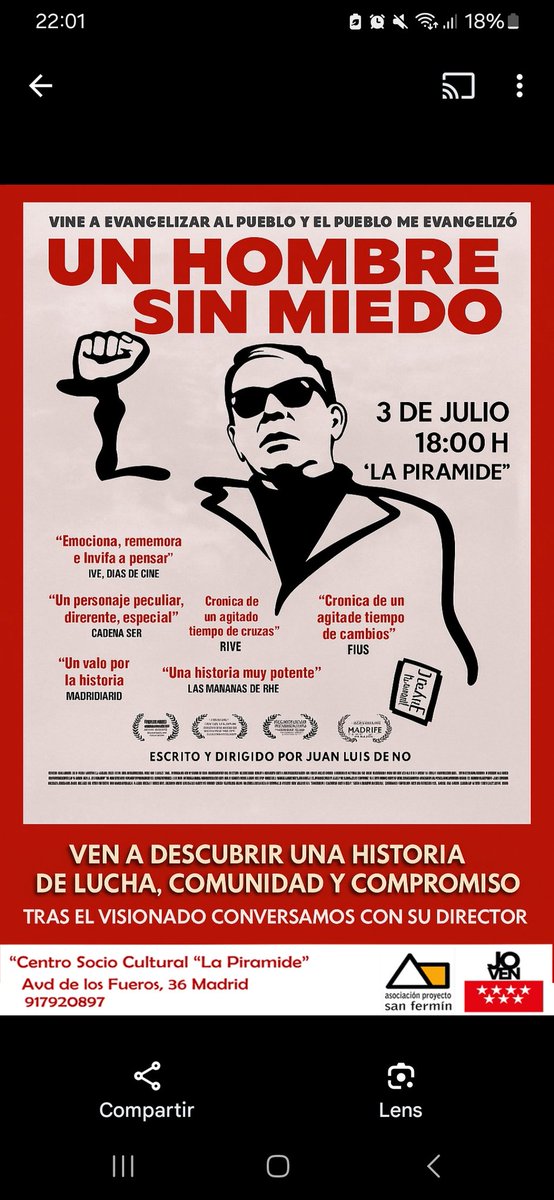 Estas fiestas de San Fermin dentro del programa de actividades del aniversario del Centro Socio Cultural La Pirámide podremos disfrutar del documental "Un hombre sin miedo" y charlas con su director "Juan Luis de No" #SoyMiBarrio <a href="/juventudcmadrid/">Juventud▪️Comunidad de Madrid</a> <a href="/jmd_usera/">Distrito Usera</a>