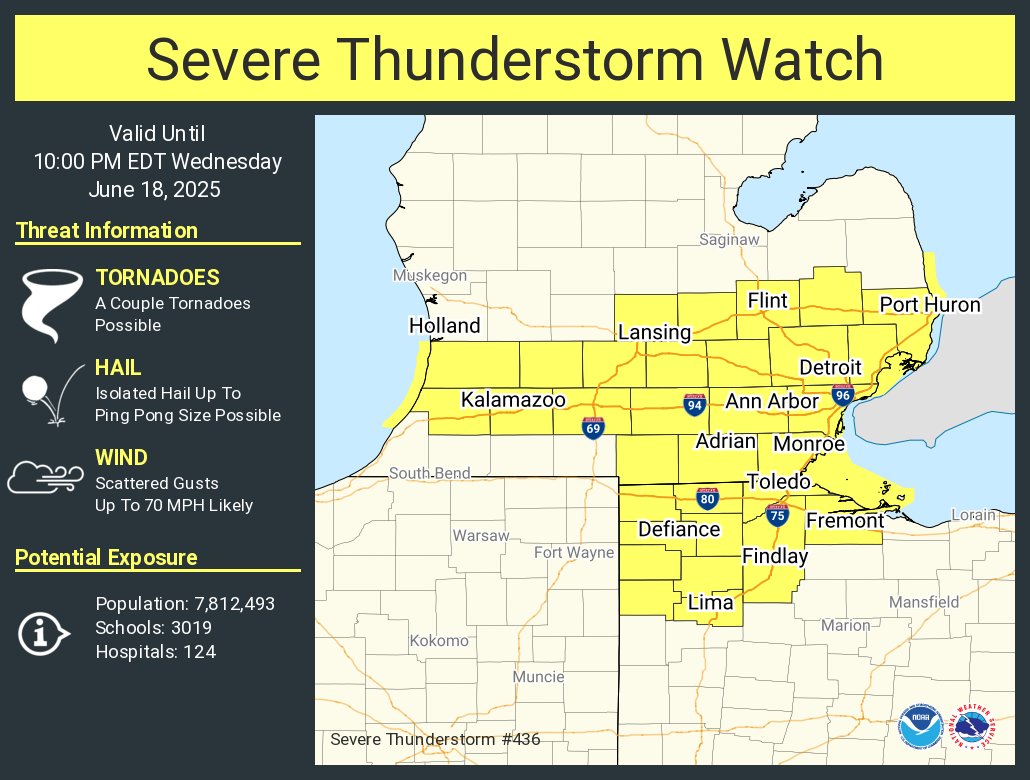 A severe thunderstorm watch has been issued for parts of Michigan and Ohio until 10 PM EDT