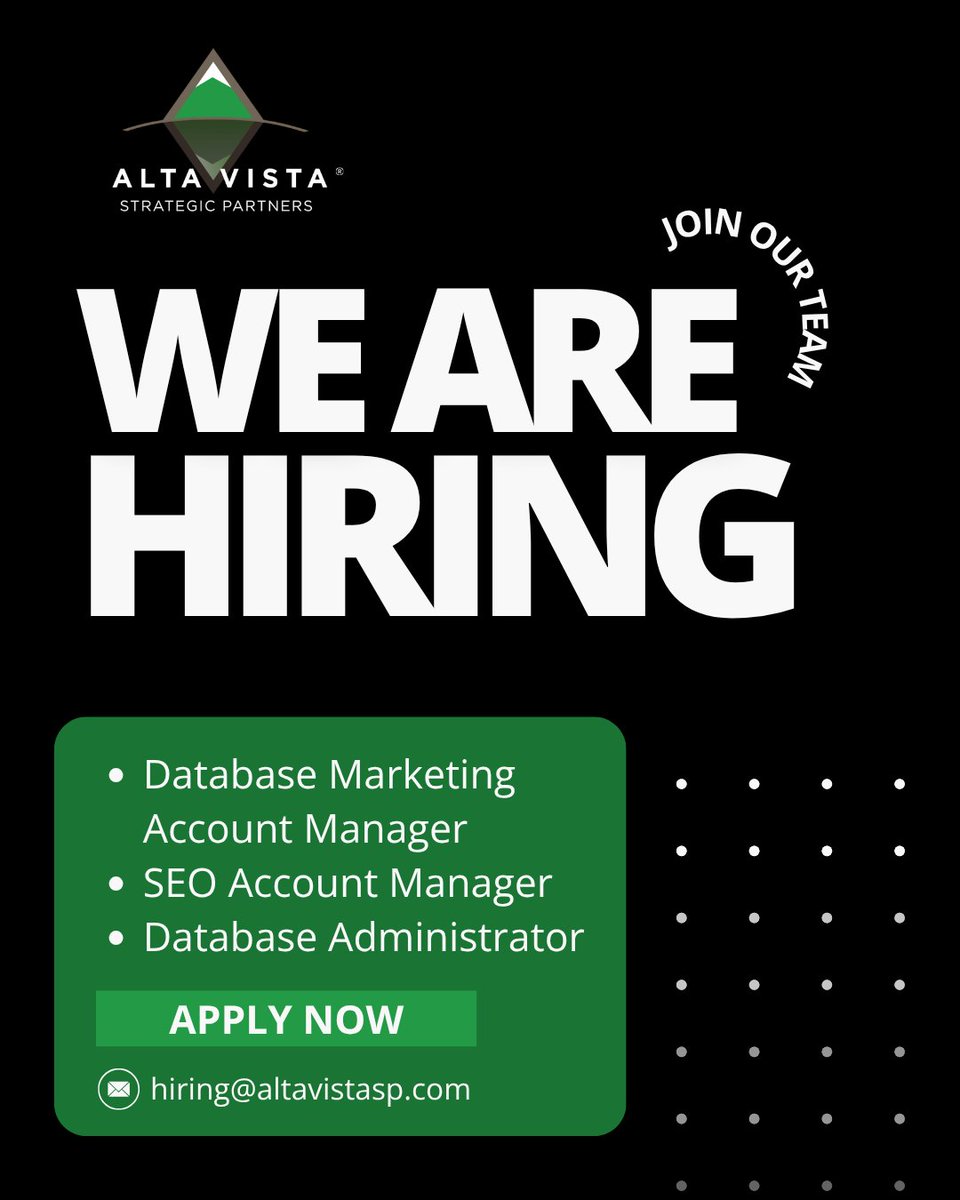 AltaVista SP (@altavistasp) on Twitter photo AltaVista is looking for motivated individuals to join our growing team! Interested? Apply now by submitting your resume to hiring@altavistasp.com.
#AltaVista #Hiring #Careers #Marketing #BaltimoreCareers AltaVista is looking for motivated individuals to join our growing team! Interested? Apply now by submitting your resume to hiring@altavistasp.com.
#AltaVista #Hiring #Careers #Marketing #BaltimoreCareers