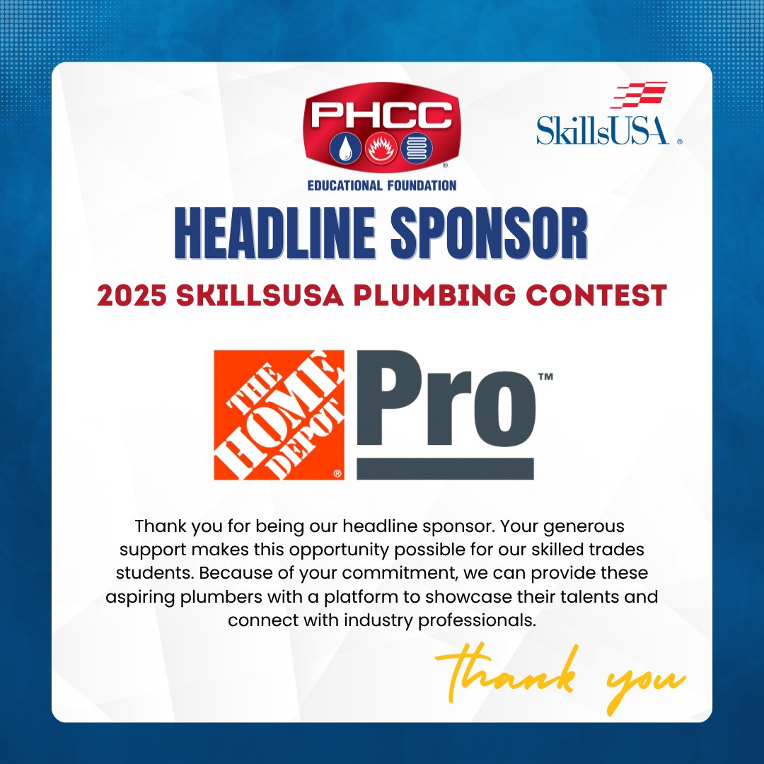 The SkillsUSA Plumbing Championship is next week, with 50 students showing off their plumbing skills. Thanks to our dedicated volunteers, plus our amazing sponsors like The Home Depot!
ow.ly/XFVO50Wa8pM

#PHCCEducationalFoundation #PHCCAcademy #PHCC #SkillsUSA #HomeDepot