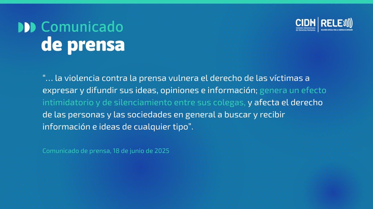 Relatoría Especial p/la Libertad Expresión (CIDH) (@rele_cidh) on Twitter photo 📢Comunicado de prensa: La <a href="/RELE_CIDH/">Relatoría Especial p/la Libertad Expresión (CIDH)</a> condena asesinatos recientes de periodistas en las Américas y llama a Estados a prevenir, proteger e investigar los actos de violencia en su contra
Lea el comunicado: oas.org/es/CIDH/jsForm… 📢Comunicado de prensa: La <a href="/RELE_CIDH/">Relatoría Especial p/la Libertad Expresión (CIDH)</a> condena asesinatos recientes de periodistas en las Américas y llama a Estados a prevenir, proteger e investigar los actos de violencia en su contra
Lea el comunicado: oas.org/es/CIDH/jsForm…