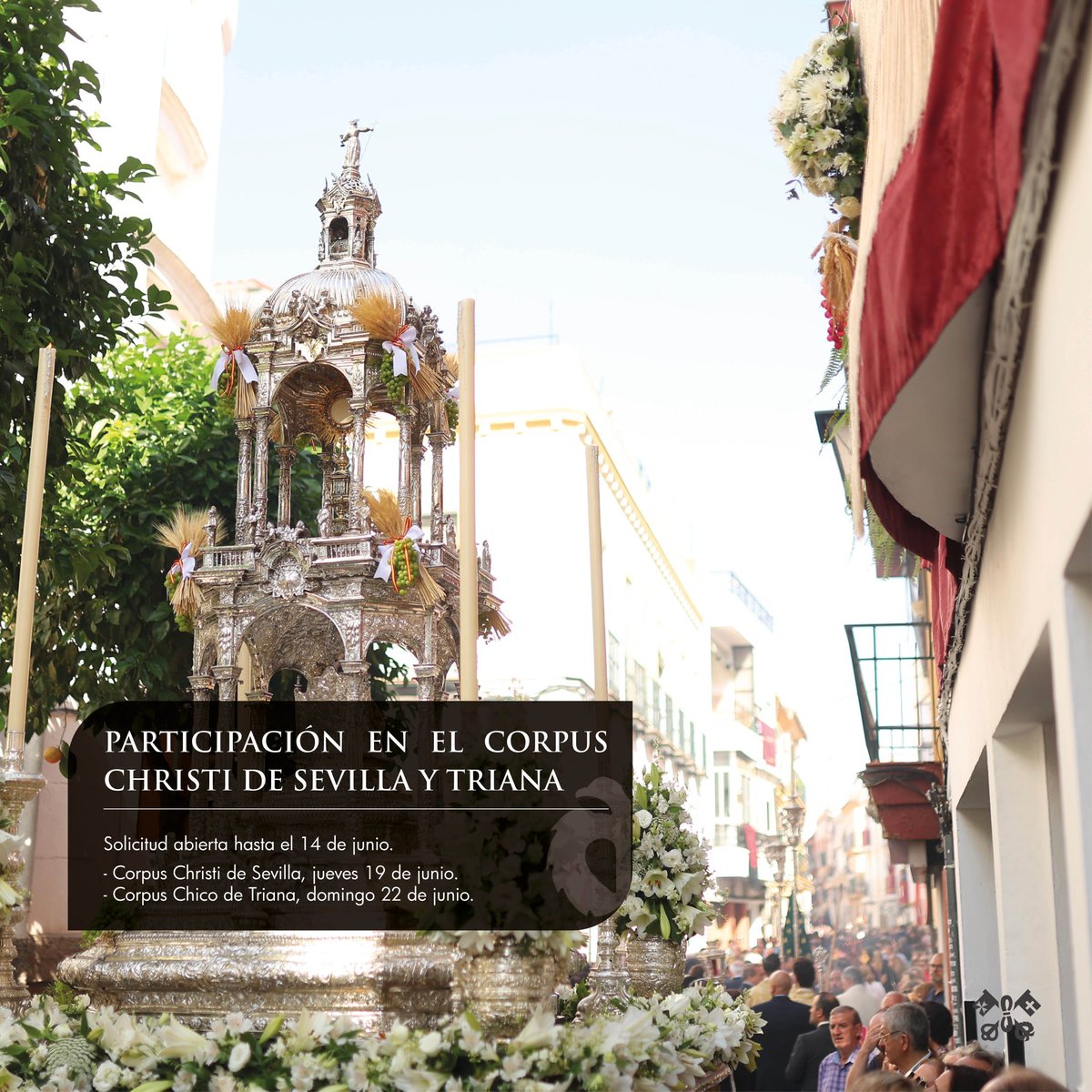 ‼️ Recordamos que todos los inscritos en el formulario para participar en el cortejo del #CorpusSevilla25 mañana, 19 de junio, deben de estar en el Patio de los Naranjos a las 9:30 h.

#Cachorro25