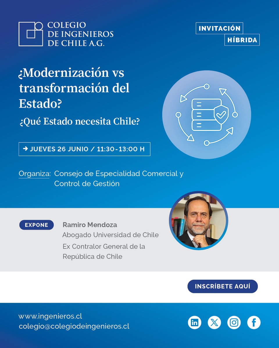 ¿Modernización o transformación del Estado?
📅 26 junio | 11:30 hrs
Con Ramiro Mendoza, ex Contralor, analizamos burocracia, permisología y eficiencia institucional.
📍Presencial + Zoom

📝 Inscríbete: docs.google.com/forms/d/e/1FAI…