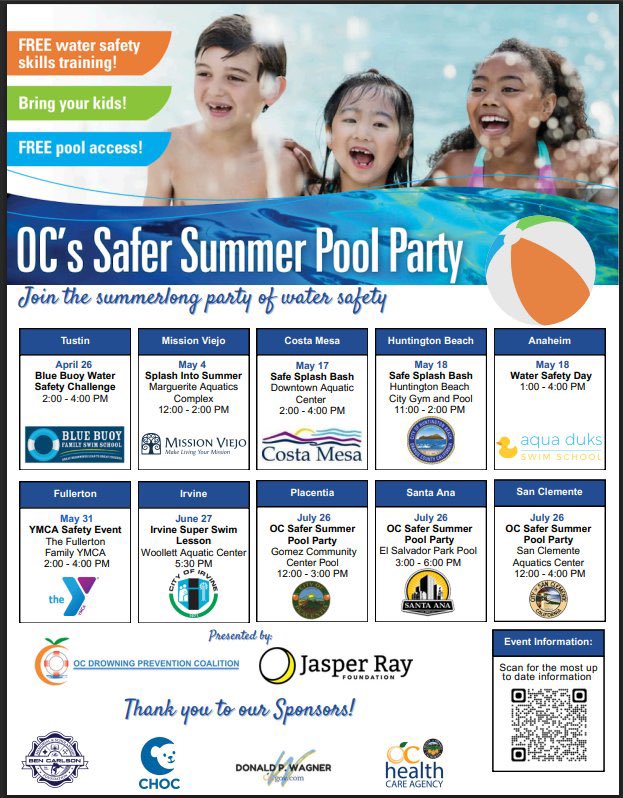 OC’s Safer Summer Pool Parties are underway with events across #OrangeCountyCA! These family-friendly pool parties are FREE and filled with sun, fun, swimming lessons, CPR, water safety and more. For more info, please visit  jasperray.org/projects/ocs-s…

#DrowningPreventionOC