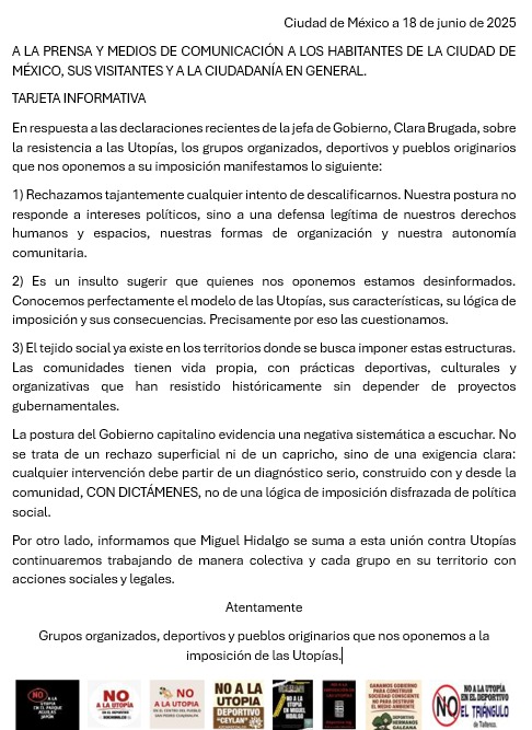 No a la Utopía Parque Japón (@noutopiajapon) on Twitter photo Comunicado a toda la ciudadanía y en especial a <a href="/ClaraBrugadaM/">Clara Brugada Molina</a> <a href="/craviotocesar/">César Cravioto</a> <a href="/AlcaldiaAO/">Alcaldía Álvaro Obregón</a> respecto de las declaraciones del día de ayer
<a href="/DefensaDepoXoch/">Defensa Deportivo Xochimilco</a> Comunicado a toda la ciudadanía y en especial a <a href="/ClaraBrugadaM/">Clara Brugada Molina</a> <a href="/craviotocesar/">César Cravioto</a> <a href="/AlcaldiaAO/">Alcaldía Álvaro Obregón</a> respecto de las declaraciones del día de ayer
<a href="/DefensaDepoXoch/">Defensa Deportivo Xochimilco</a>