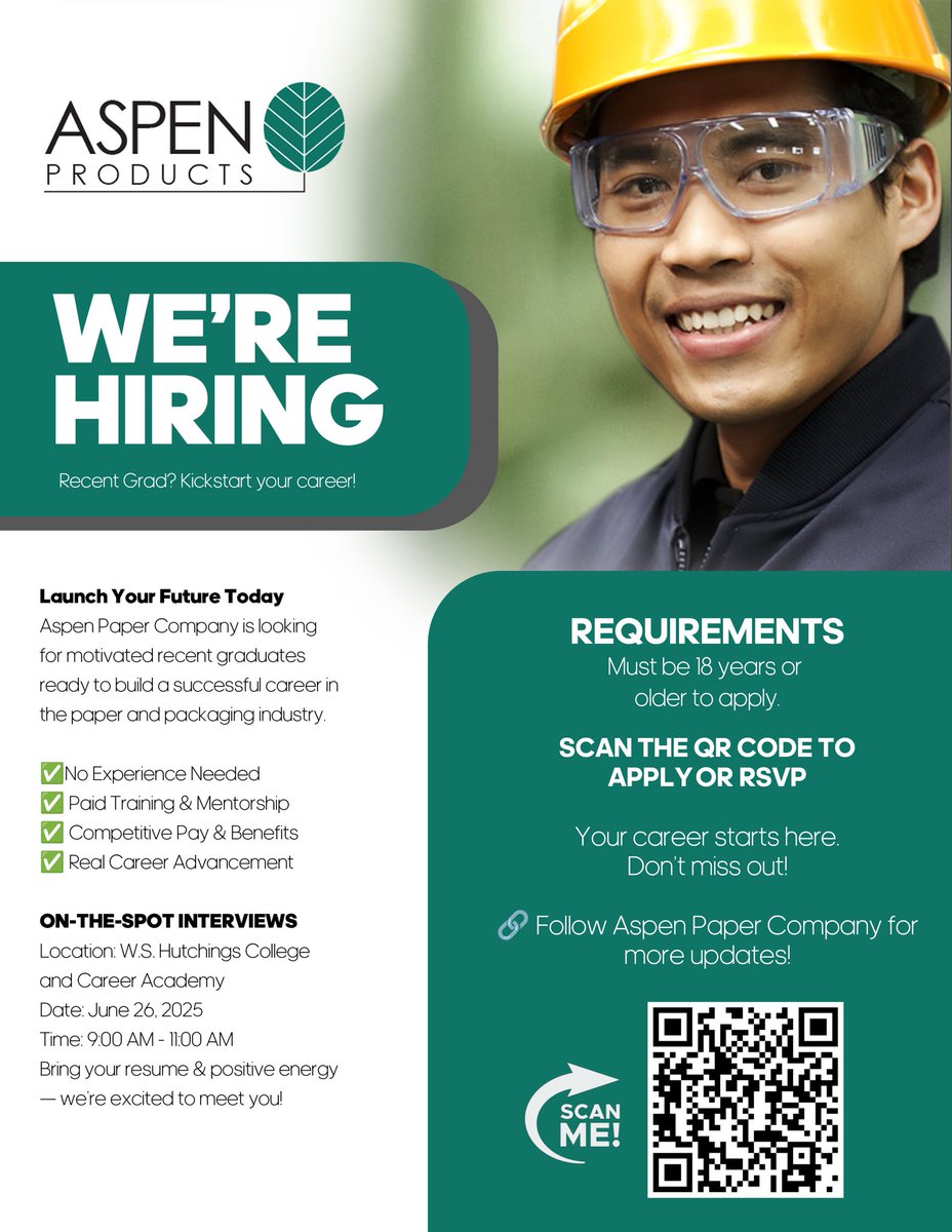 Recent graduates! A local business will be holding on-site interviews at Hutchings on Thursday, June 26, from 9 to 11 AM. The address for interviews is 1780 Anthony Road. Please see the linked flyer for more details. aspenpro.com/careers/macon/…