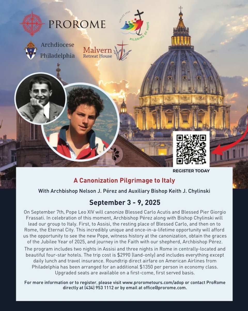Archbishop Nelson Perez (@archbishopperez) on Twitter photo 1/3 It’s my joy to share with you that the Church of Philadelphia in conjunction with <a href="/MalvernRetreat/">MalvernRetreatHouse</a> and ProRome Tours is holding a Jubilee Year 2025 — Canonization Pilgrimage to Italy. 1/3 It’s my joy to share with you that the Church of Philadelphia in conjunction with <a href="/MalvernRetreat/">MalvernRetreatHouse</a> and ProRome Tours is holding a Jubilee Year 2025 — Canonization Pilgrimage to Italy.