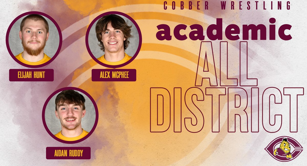 CobberSID's tweet image. 𝗔𝗖𝗔𝗗𝗘𝗠𝗜𝗖 𝗔𝗟𝗟-𝗗𝗜𝗦𝗧𝗥𝗜𝗖𝗧!
CORNGRATS to Cobber wrestling student-athletes Elijah Hunt, Alex McPhee & Aidan Ruddy, who were named to the CSC Academic All-District At-Large Team. Hunt wins the award for the 3rd straight year.
𝗗𝗘𝗧𝗔𝗜𝗟𝗦: tinyurl.com/mr382j9p