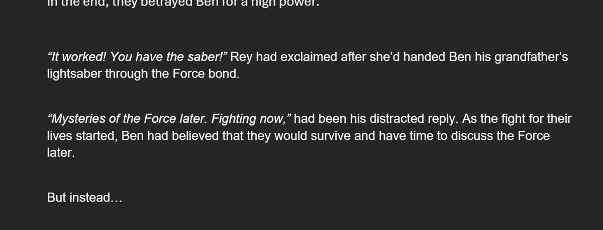 If You Love Me, Let Me Go's next chapter is almost ready! 

I had to include the new conversation from episode 9's comic.  

Catch up on my newest canonverse here:  archiveofourown.org/works/66335641 

#reyloww #reyloart #reylofic