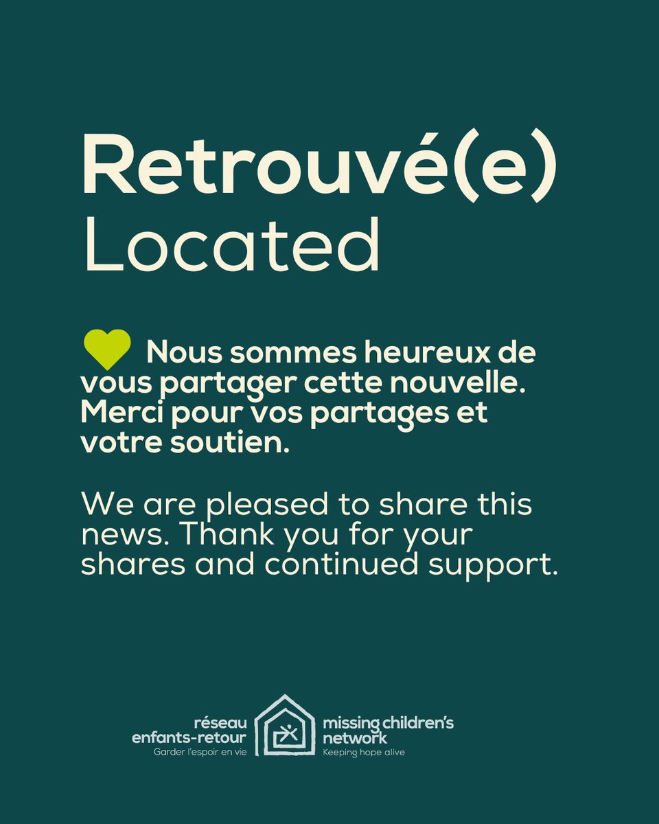 Le Réseau Enfants-Retour est heureux d’annoncer que, Claire Bell, 3 ans, disparue depuis le 15 juin, 2025, à été retrouvée saine et sauve. Nous vous remercions de vos nombreux partages!
We are pleased to inform you that Claire Bell has been found safe and sound!