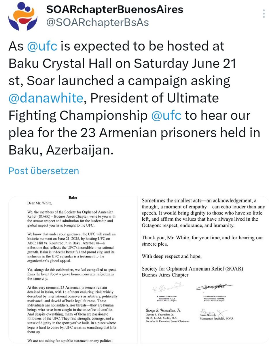 Jonathan Spangenberg #FreeArmenianHostages (@artspangenberg) on Twitter photo The Society for Orphaned Armenian Relief in Buenos Aires is calling on <a href="/ufc/">UFC</a> to speak out about the Armenian hostages still held in Baku.
We urge UFC moderators and leadership to acknowledge this humanitarian crisis. Silence is complicity.
#FreeArmenianHostages
#UFCBaku The Society for Orphaned Armenian Relief in Buenos Aires is calling on <a href="/ufc/">UFC</a> to speak out about the Armenian hostages still held in Baku.
We urge UFC moderators and leadership to acknowledge this humanitarian crisis. Silence is complicity.
#FreeArmenianHostages
#UFCBaku