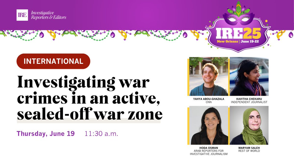 MaryamSaleh's tweet image. Hey #IRE25, I’ll be moderating a conversation tomorrow with some of the best in the business investigating atrocities in Gaza — @YahyaGhazala, @KaviChek, and Hoda Osman. Join us!