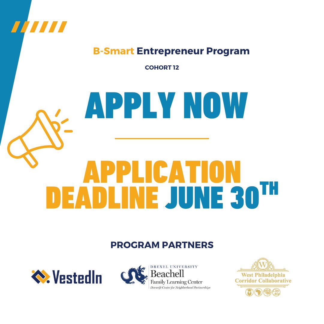 Jabari Jones (@realjabarijones) on Twitter photo Our B-Smart Program is accepting applications for Cohort 12! This partnership with <a href="/VestedIn_org/">WPFSI has a new name: VestedIn</a> and <a href="/DrexelUniv/">Drexel University</a> provides a FREE 14 week #Entrepreneurship training program to help #smallbiz position for success. Applications close 6/30! Apply today at vestedin.org/b-smart-progra… Our B-Smart Program is accepting applications for Cohort 12! This partnership with <a href="/VestedIn_org/">WPFSI has a new name: VestedIn</a> and <a href="/DrexelUniv/">Drexel University</a> provides a FREE 14 week #Entrepreneurship training program to help #smallbiz position for success. Applications close 6/30! Apply today at vestedin.org/b-smart-progra…