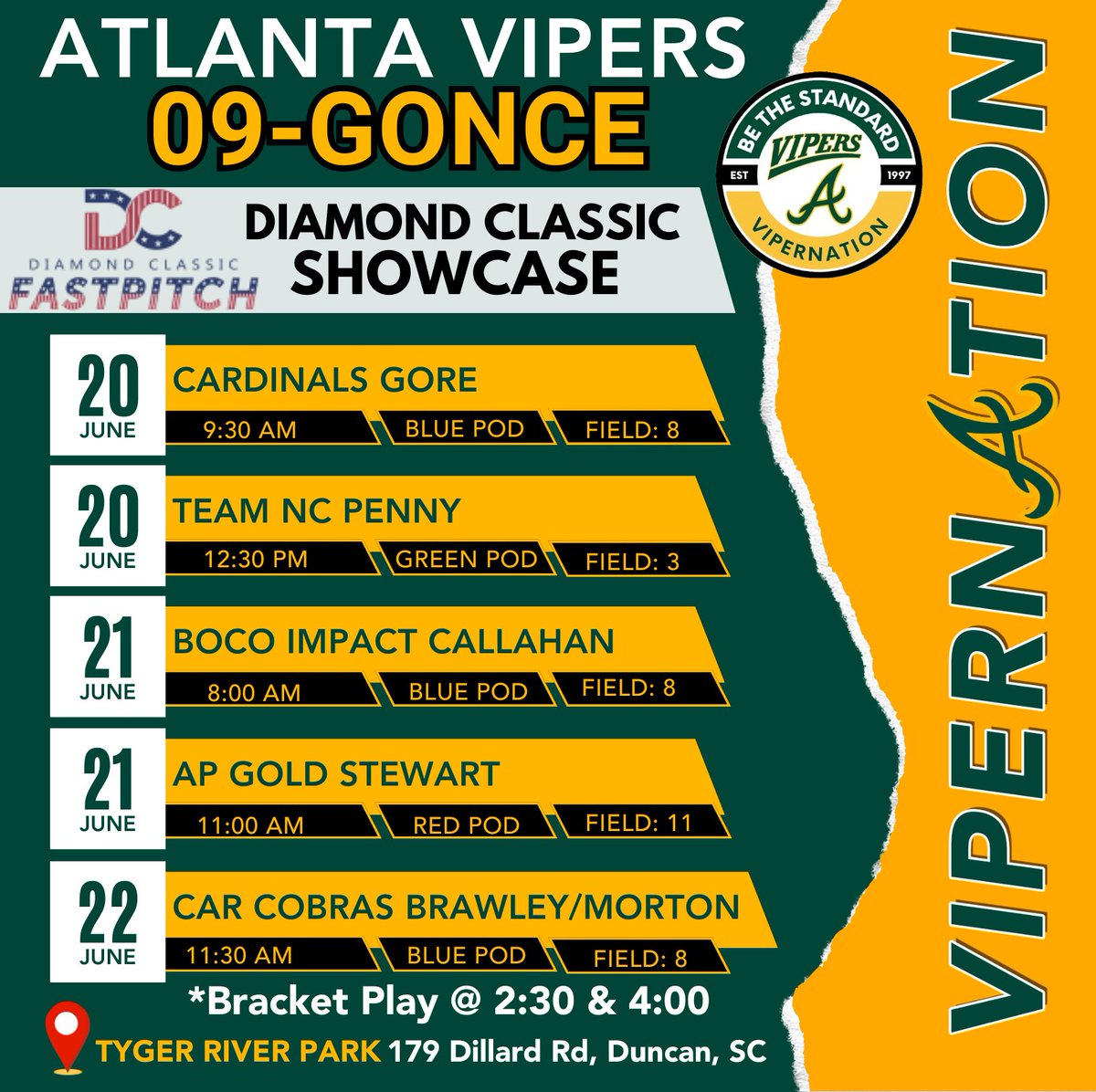 Atlanta Vipers '09-Gonce (@vipersgonce) on Twitter photo 📢 COACHES‼️ Atlanta Vipers 09-GONCE will be at Tyger River Park June 20-22 for the 16th Annual Diamond Classic Summer Showcase. LET'S GO!!! 💪💪 #bethestandard #ViperNation
<a href="/LineDsoftball/">Line Drive Media</a> <a href="/PrepSoftball/">Prep Softball 🥎</a> <a href="/SoftbalAmerica/">Softball America</a> <a href="/IHartFastpitch/">I❤️Fastpitch</a> <a href="/CoastRecruits/">Coast 2 Coast Recruits</a> <a href="/CoastRecruitsSB/">Coast Recruits 🥎</a> <a href="/TopPreps/">College Coaches / Scouts / College Recruiters</a> 📢 COACHES‼️ Atlanta Vipers 09-GONCE will be at Tyger River Park June 20-22 for the 16th Annual Diamond Classic Summer Showcase. LET'S GO!!! 💪💪 #bethestandard #ViperNation
<a href="/LineDsoftball/">Line Drive Media</a> <a href="/PrepSoftball/">Prep Softball 🥎</a> <a href="/SoftbalAmerica/">Softball America</a> <a href="/IHartFastpitch/">I❤️Fastpitch</a> <a href="/CoastRecruits/">Coast 2 Coast Recruits</a> <a href="/CoastRecruitsSB/">Coast Recruits 🥎</a> <a href="/TopPreps/">College Coaches / Scouts / College Recruiters</a>