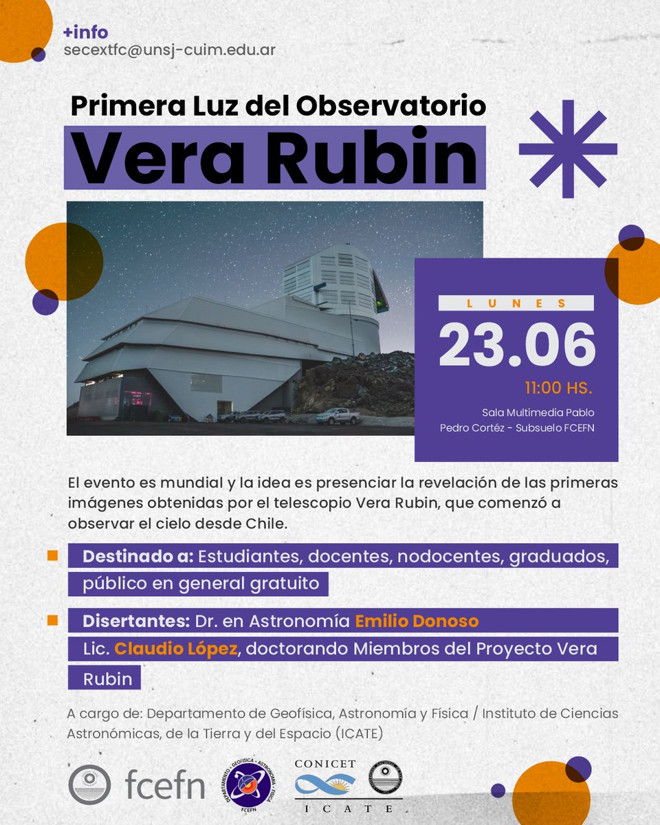 [PRIMERA LUZ DEL OBSERVATORIO VERA RUBIN]
🗓️El lunes 23/06 a las 11hs se realizará este evento de carácter mundial.
Veremos las primeras imágenes obtenidas por el telescopio Vera Rubin, que comenzó a observar el cielo desde Chile. A las 12hs comenzará la transmisión en vivo.