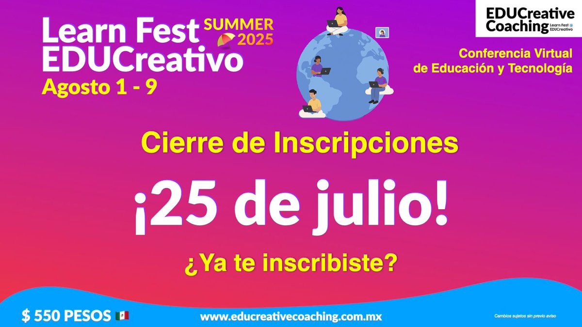 ‼️ 𝐈𝐌𝐏𝐎𝐑𝐓𝐀𝐍𝐓𝐄 ‼️
𝐂𝐢𝐞𝐫𝐫𝐞 𝐝𝐞 𝐈𝐧𝐬𝐜𝐫𝐢𝐩𝐜𝐢𝐨𝐧𝐞𝐬: 25 de julio
¿Quieres conocer el programa? 
¡Visita la página web oficial y asegura tu lugar en en Learn Fest ! 
educreativecoaching.com.mx
Regístrate ahora en: learnfest25.eventbrite.com.mx 
550 pesos MXN