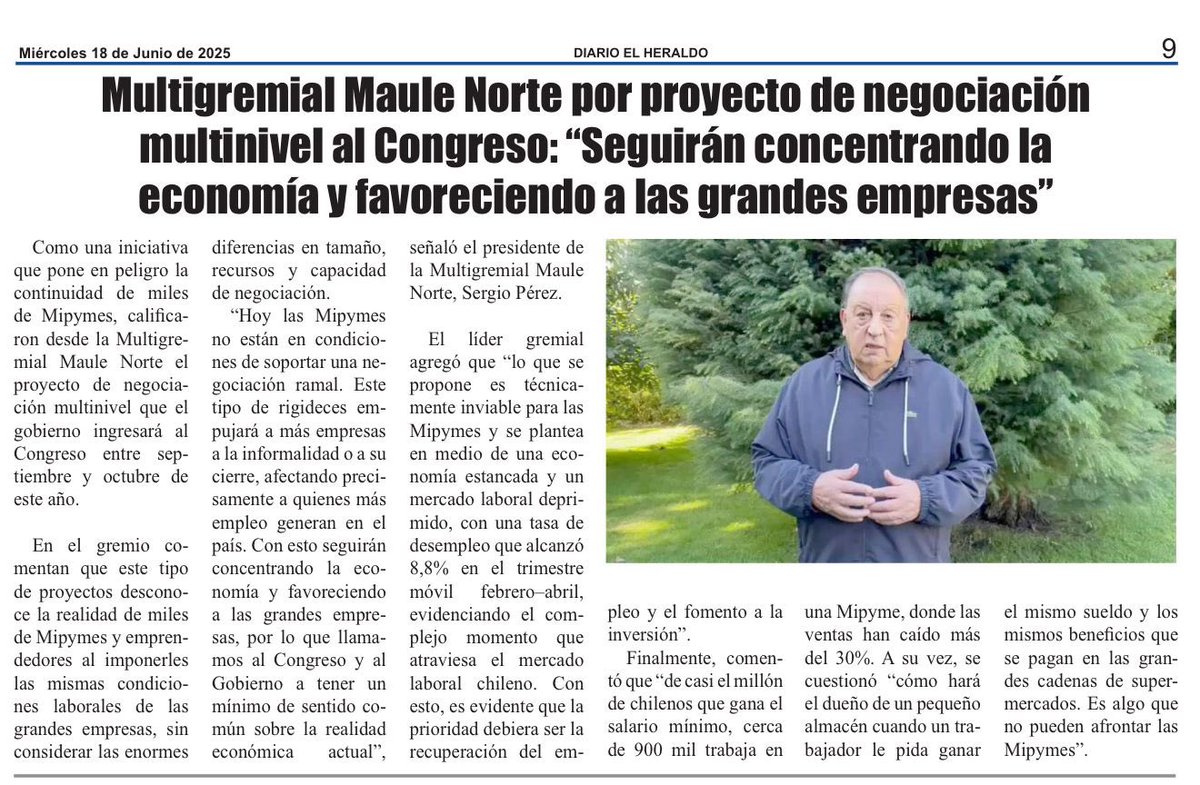 ⚠️ La Multigremial del Maule Norte advierte que el proyecto de negociación multinivel profundiza la concentración económica y favorece a grandes empresas. ¡Necesitamos políticas que fortalezcan a las pymes y a las regiones! #MauleNorte #Pymes #Descentralización