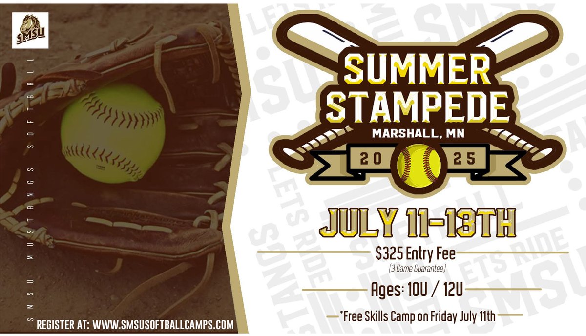 There are still spots available at both 10u &amp; 12u with a free skills camp for all participants on Friday! 

Get registered at smsusoftballcamps.com