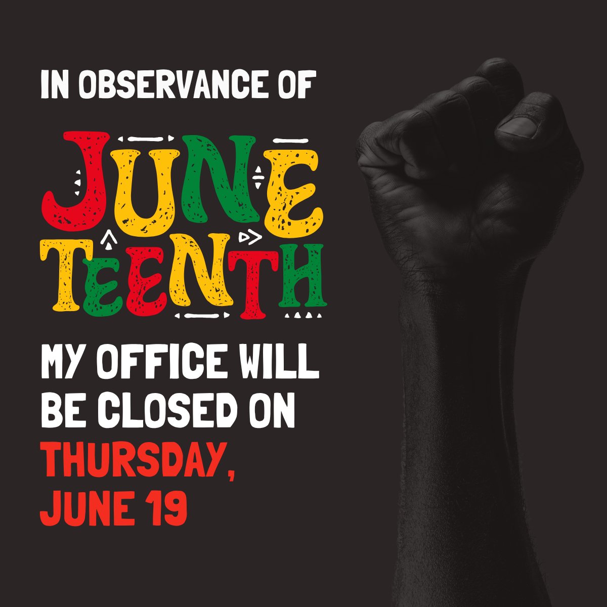 My district office will be closed on Thursday, June 19 in observance of Juneteenth. A celebration of freedom &amp; a recognition of the end of slavery in the United States, it's also a time to reflect on the ongoing struggle for racial equality &amp; justice in our commonwealth &amp; nation.