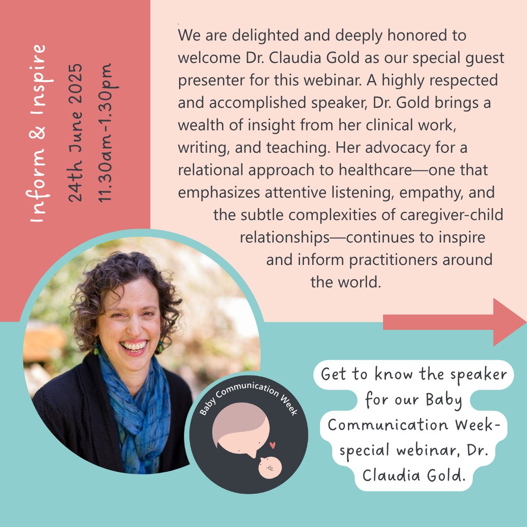 BrazeltonUK's tweet image. If there's one person who will inspire you & stimulate new perspectives in your work with babies, it is Dr. Claudia Gold, our next Inform & Inspire webinar speaker!
Sign up alongside over 250 other people for this not-to-miss event! shorturl.at/qN5mc
#BabyCommunicationWeek