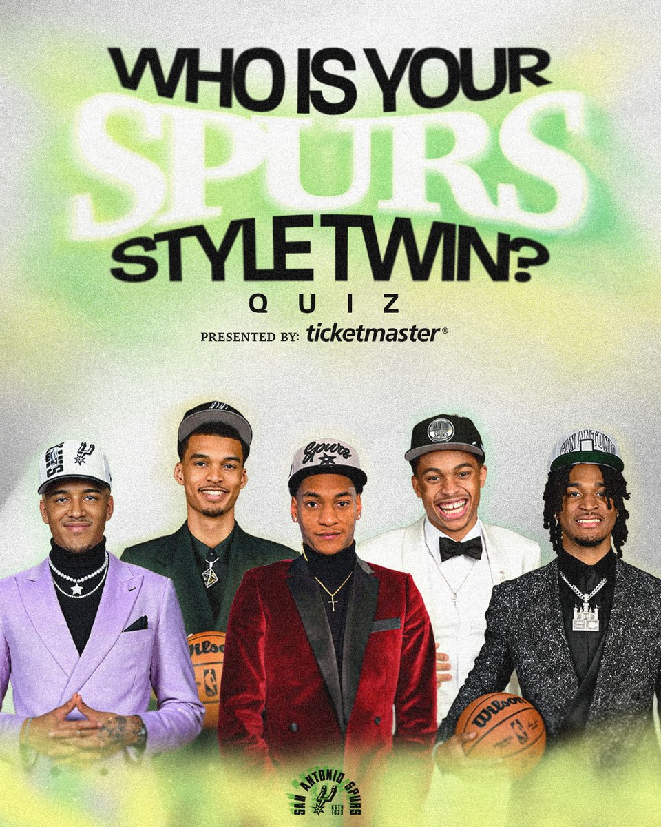 spurs's tweet photo. Who is your Spurs style twin? 🤔

Share your results in the replies with #SpursDraft for a chance to win a draft hat and jersey of your style twin!

🔗https://t.co/x33LMJZ8W5

@Ticketmaster | #Sponsored https://t.co/Ixe6FyO270
