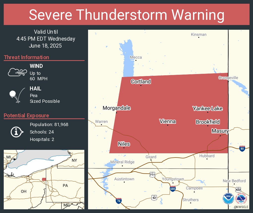 NWSCLE's tweet photo. Severe Thunderstorm Warning including Niles OH, Cortland OH and  Masury OH until 4:45 PM EDT https://t.co/DNnyAVZzWr