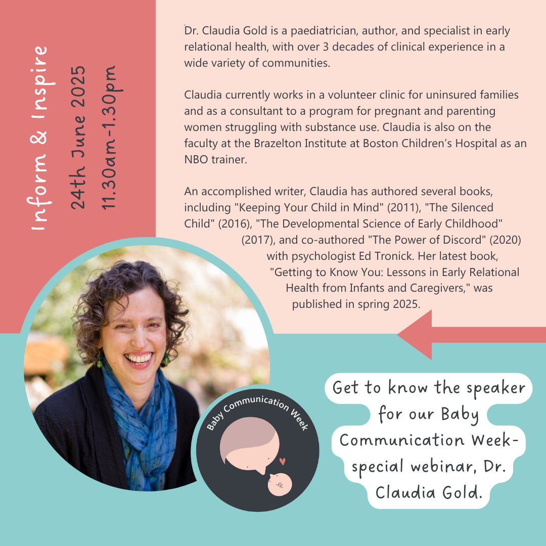 BrazeltonUK's tweet image. If there's one person who will inspire you & stimulate new perspectives in your work with babies, it is Dr. Claudia Gold, our next Inform & Inspire webinar speaker!
Sign up alongside over 250 other people for this not-to-miss event! shorturl.at/qN5mc
#BabyCommunicationWeek